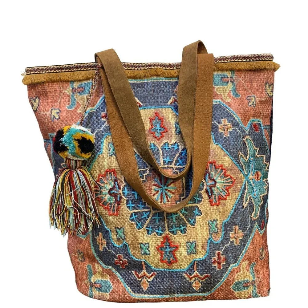 *Soft Surroundings Tan & Blue Bishop Tote Handbag Large - Picture 3 of 6